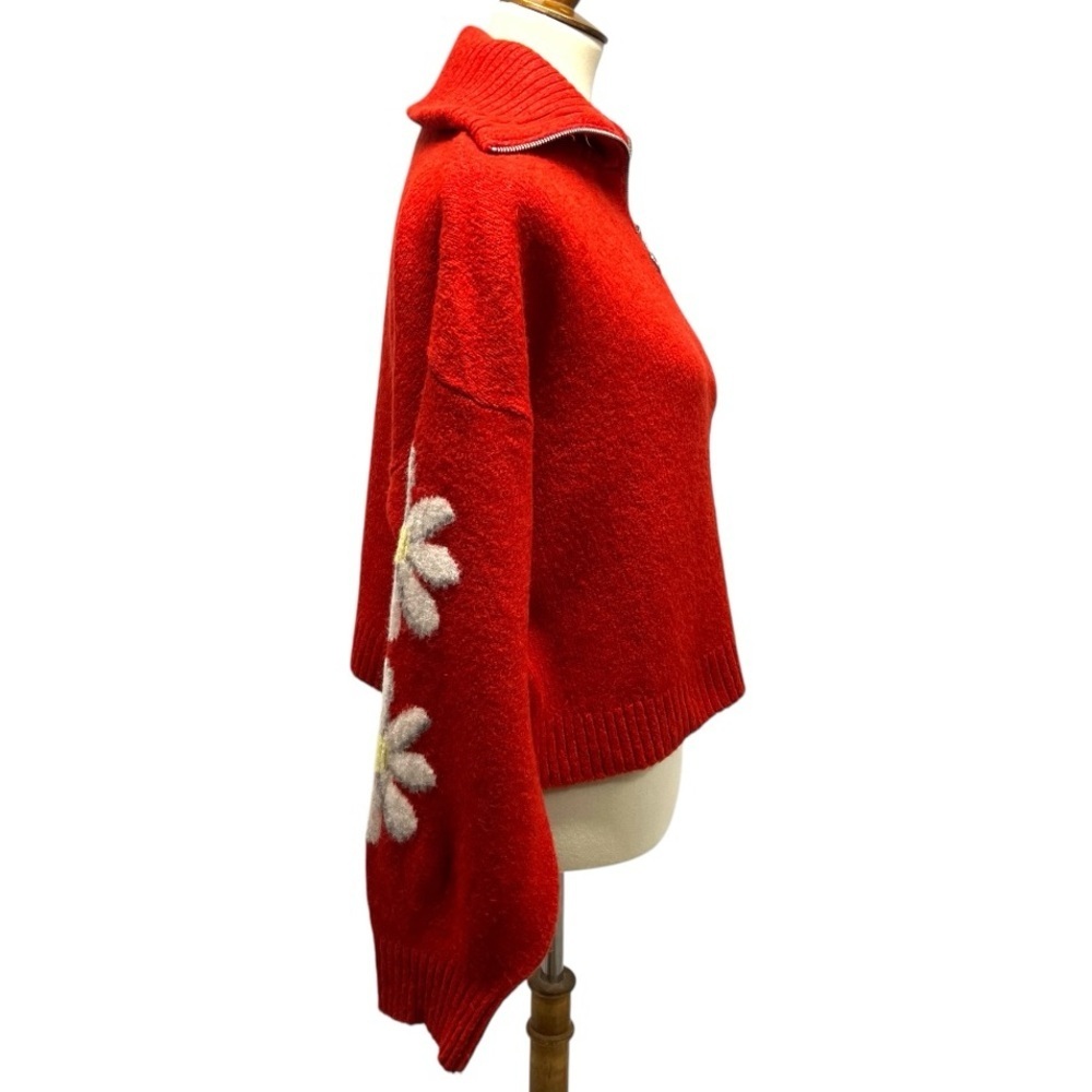TOPSHOP Red Daisy Quarter Zip Collared Crop Cozy Knit Sweater Womens 10 - Picture 11 of 15